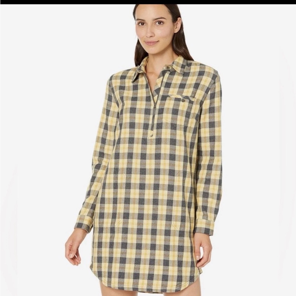 Toad&Co Bodie Plaid Shirt Dress Women Large Yellow Flannel 1/4 Zip Casual Fall